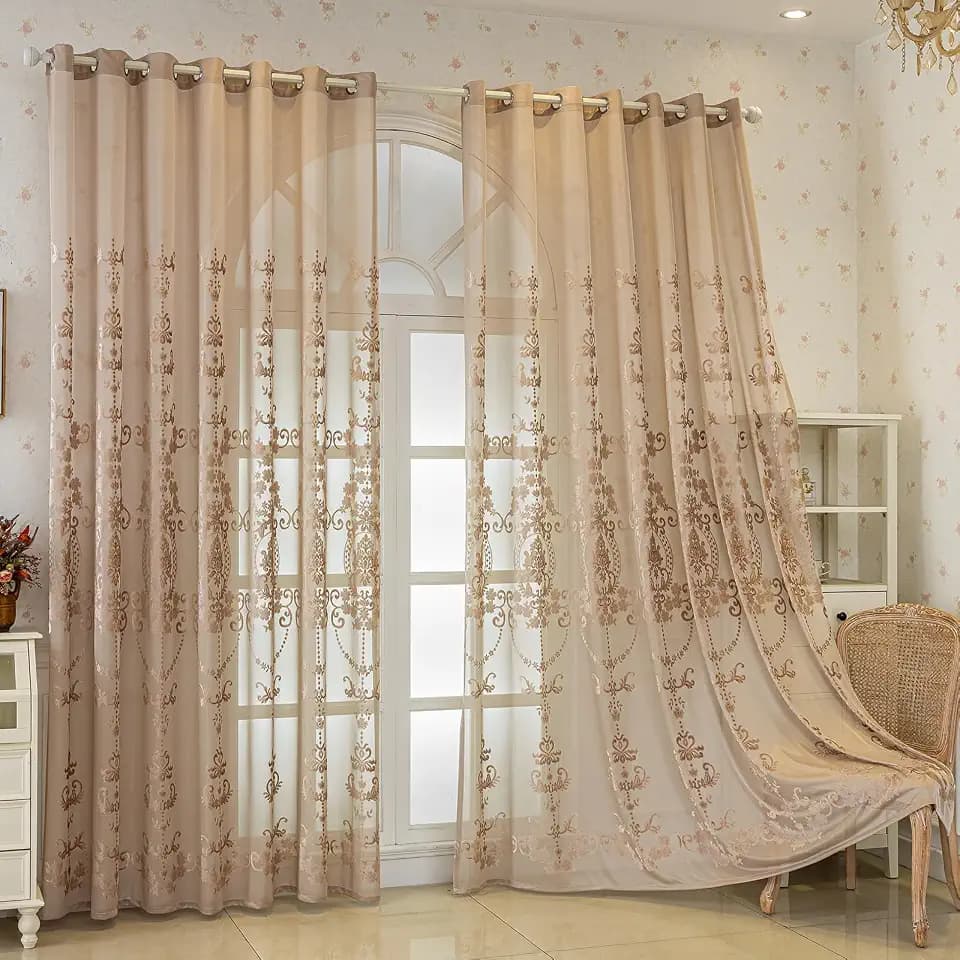 Boho Lace Sheer Curtains 84 inches Long 2 Panels Set, Farmhouse Embroidered Grommet Window Curtain for Living Room/Bedroom, Voile Semi Sheer Panel Drapes(Coffee,55"x84")