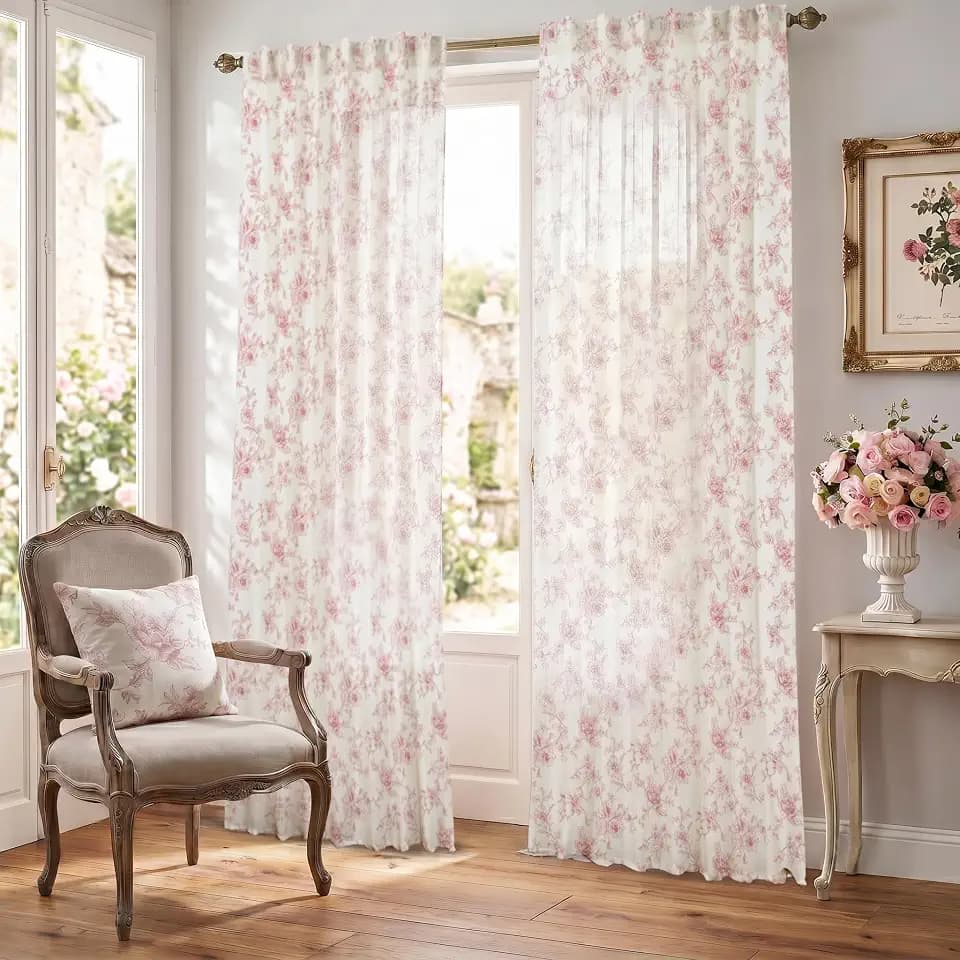 Pink Vintage Floral Curtains for Girls Bedroom, Cute Light Blush Pink Sheer Flower Pattern Printed Cottage Core Boho Shabby Chic Christmas Curtains for Living Room, 2 Panels, 84 Inches Long