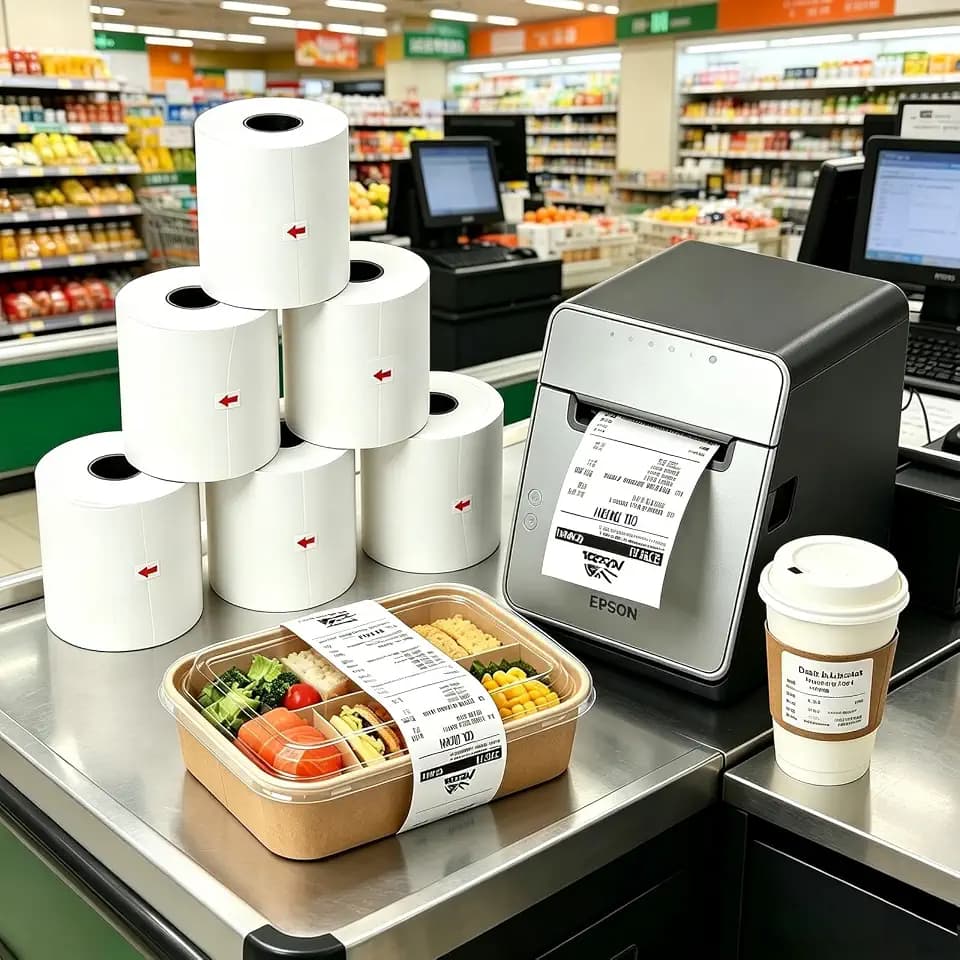 3 1/8" x 170' Triangle Partial Adhesive Linerless Sticky Thermal Paper Rolls, 6 Pack, BPA Free, Compatible with Epson TM-L90 TM-L100 for Food Service & Takeout