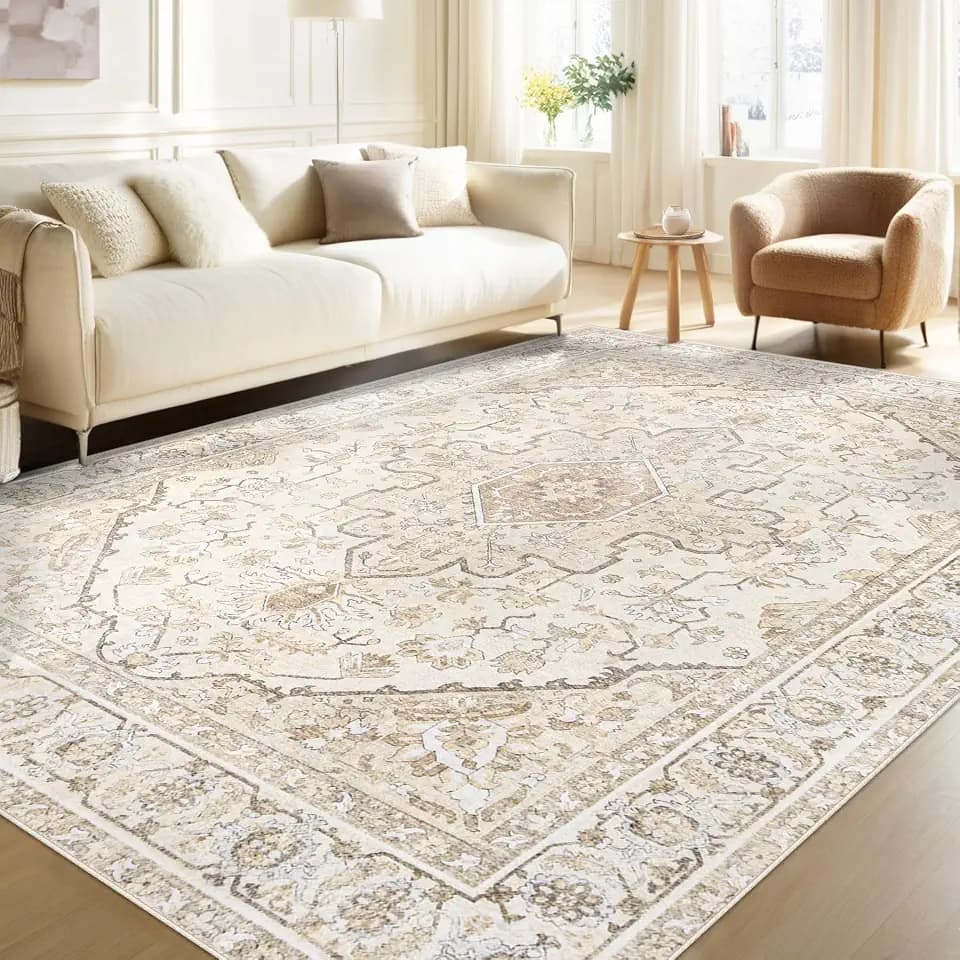 Area Rugs 5x7 Vintage Rug: Washable Living Room Rug Retro Medallion Distressed Large Soft Low Pile Non-Slip Indoor Floor Carpet for Bedroom Kitchen Nursery Dining Table Office (BeigeBrown, 5'x7')