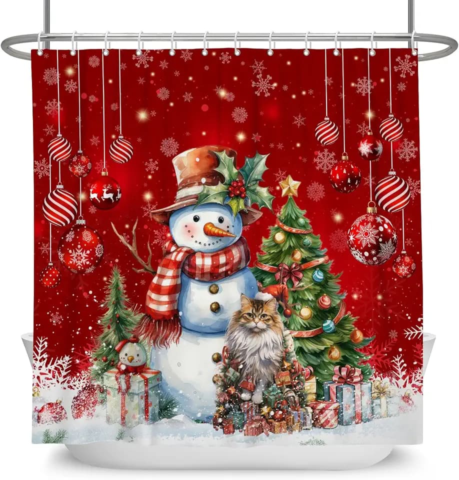 Christmas Red Balls Shower Curtain Winter Snowman Funny Cat Xmas Pine Trees Shower Curtain Sets Waterproof Washable Fabric Bath Curtains Set with Hooks Christmas Bathroom Decor 72x72 Inches