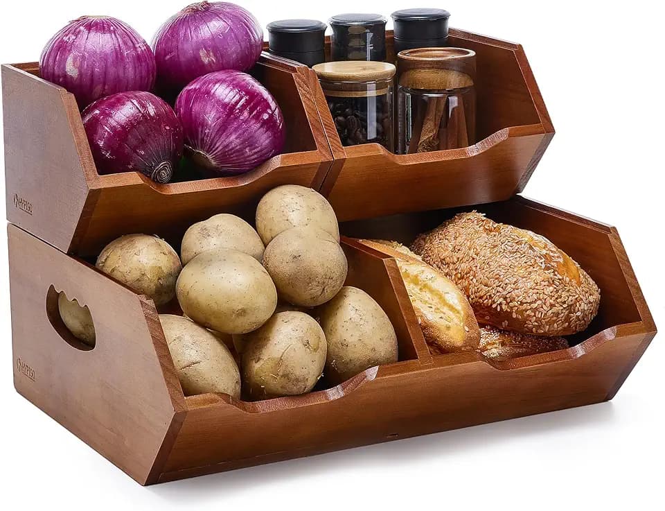 HYPIGO Wood Potato & Onion Storage Bin,2-tier Stackable Pantry Organizer