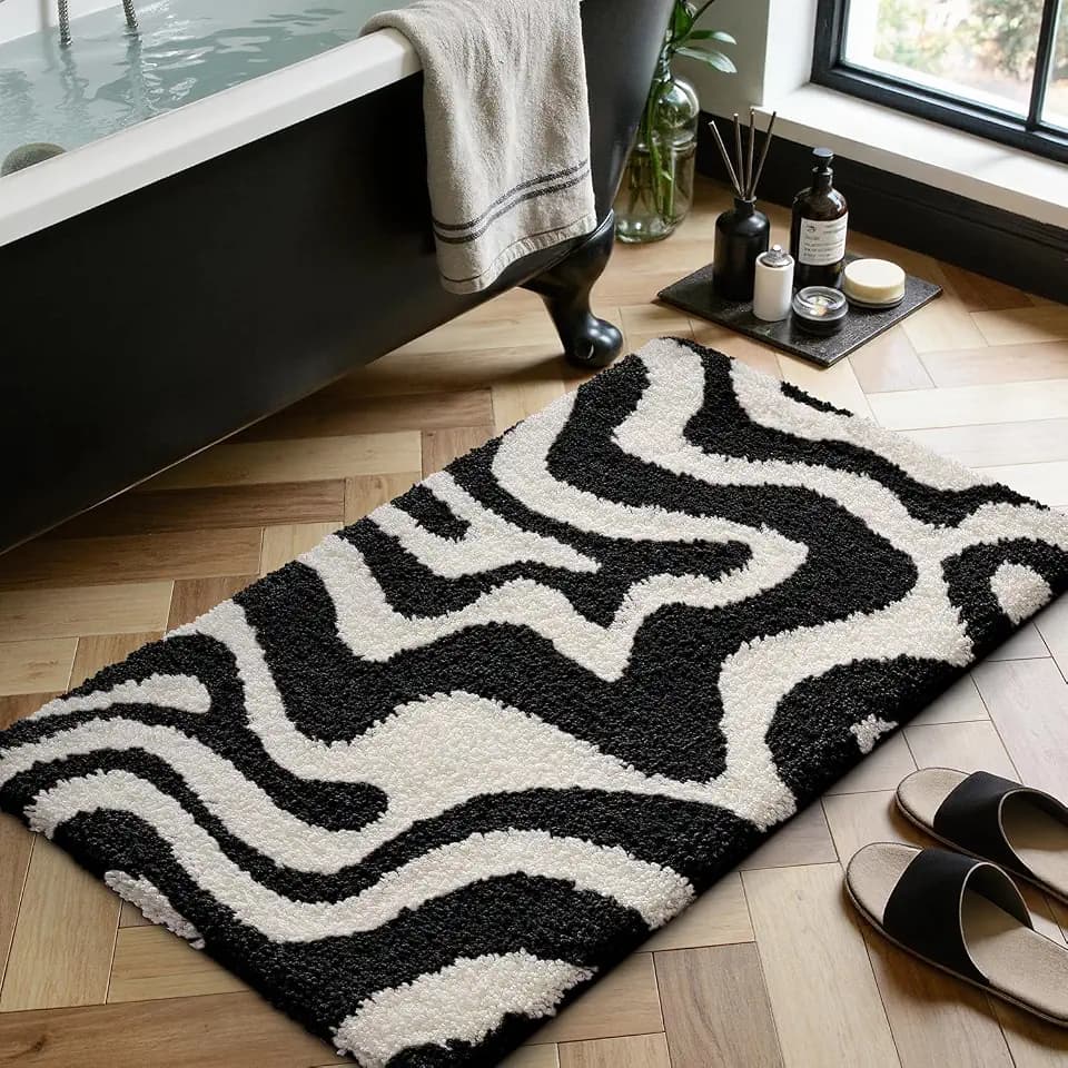 LUMI Non Slip Zebra Print Bathroom Rug, Black and White, 24x43