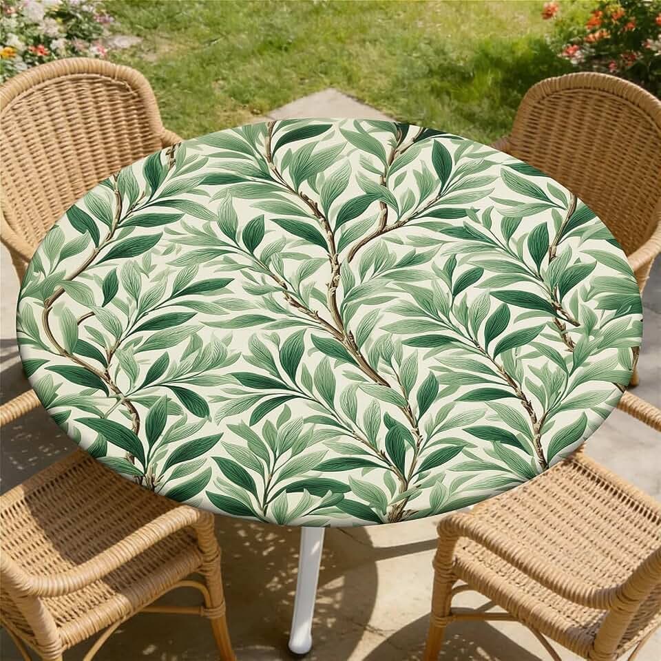 Round Fitted Tablecloth with Elastic Edge, Waterproof Stain Resistant Fabric Table Cover for 45"-48" Round Table, Indoor Outdoor Dining, Kitchen Decor, Camping, Holiday, Party, Olive Leaves