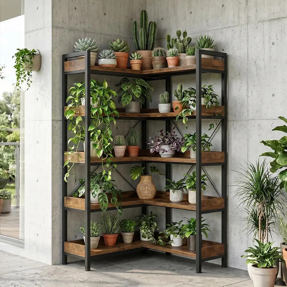 GTPLAYER 5-Tier Corner Bookshelf, L-Shaped Metal Frame Shelf with Tall 14" Shelves, Plant Stand and Storage Rack for Small Spaces, Living Room and Home Office, Vintage Brown