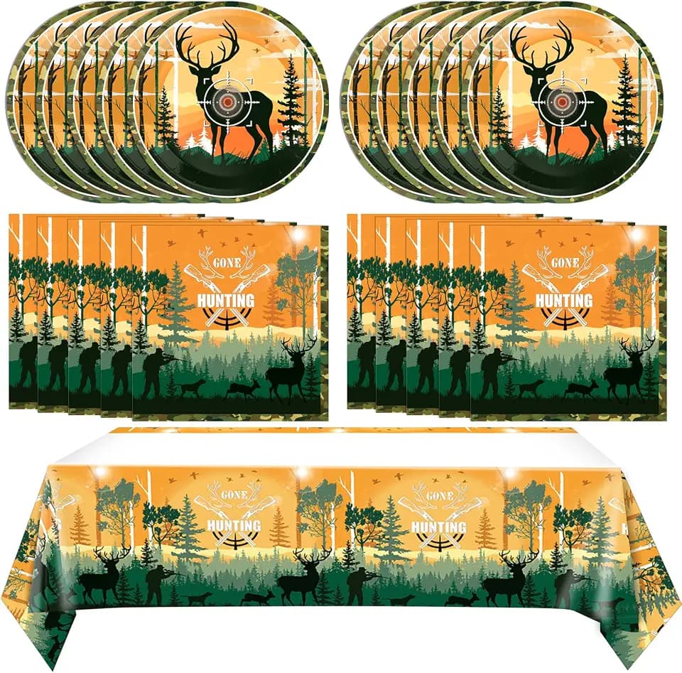 41Pcs Hunting Birthday Party Decorations Hunting Camo Party Paper Plates Napkins and Tablecloth Oh Deer Baby Shower Birthday Party Supplies Disposable Dinnerware Tableware for Kids
