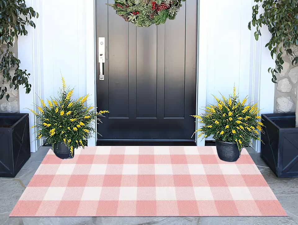 Pink and White Outdoor Rug 24"x51" Washable Buffalo Plaid Front Porch Rug