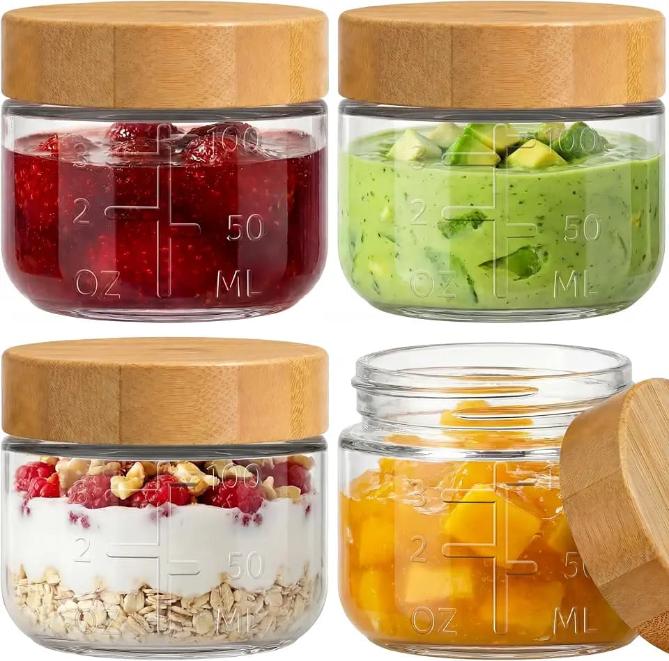 3 oz Small Glass Salad Dressing Containers with Bamboo Lids, 4 Pack