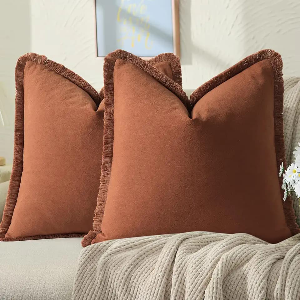 ZWJD Pillow Covers 22x22 Set of 2 Rust Throw Pillow Covers with Fringe Chic Cotton Decorative Pillows Square Cushion Covers for Sofa Couch Bed Living Room Farmhouse Boho Decor