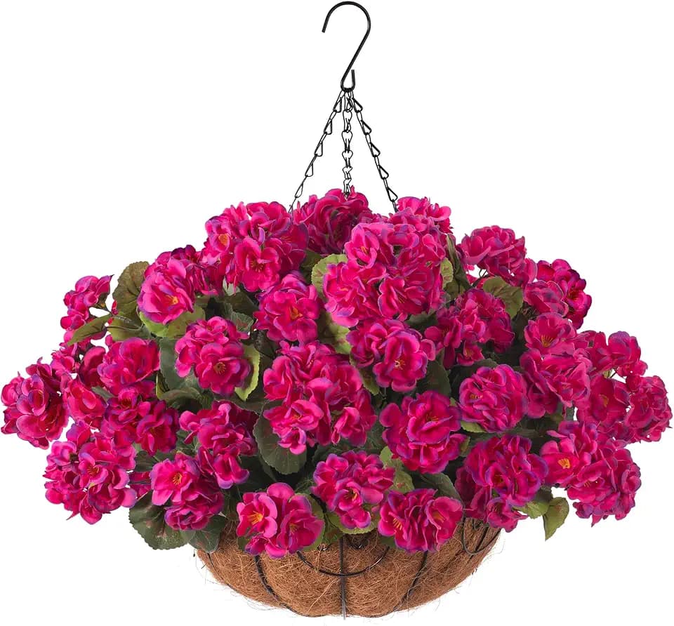 INSPRING Geraniums Artificial Flowers Hanging Basket for Outdoors Outside Decoration, 8 Bundles Silk Flowers Fake Plants Look Real UV Resistant for Porch Home Patio Balcony Yard, Fuchsia