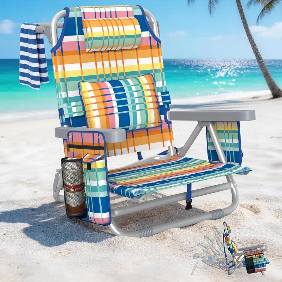 5-Position Backpack Beach Chair for Adults with Lumbar, Foldable Tall Heavy-Duty Beach Chairs with Cooler Bag,Cup Holder,Towel Rack for Beach, Camping, Outdoor