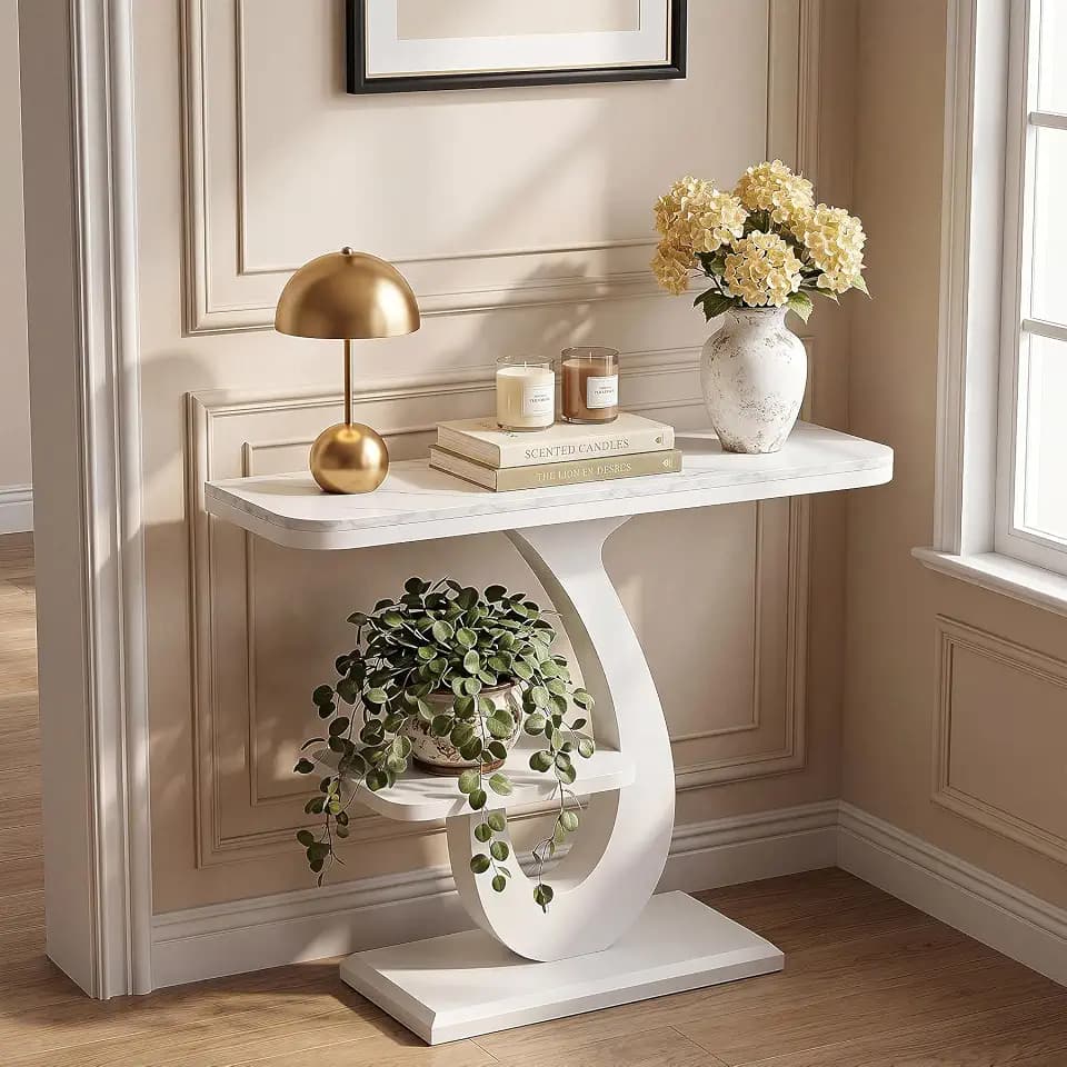 LITTLE TREE Small White Entryway Console Table, 39-Inch Modern Narrow Sofa Table with Marble-Effect Top & Side Shelf for Entry, Behind Couch, Hallway, Entrance, Foyer, Living Room
