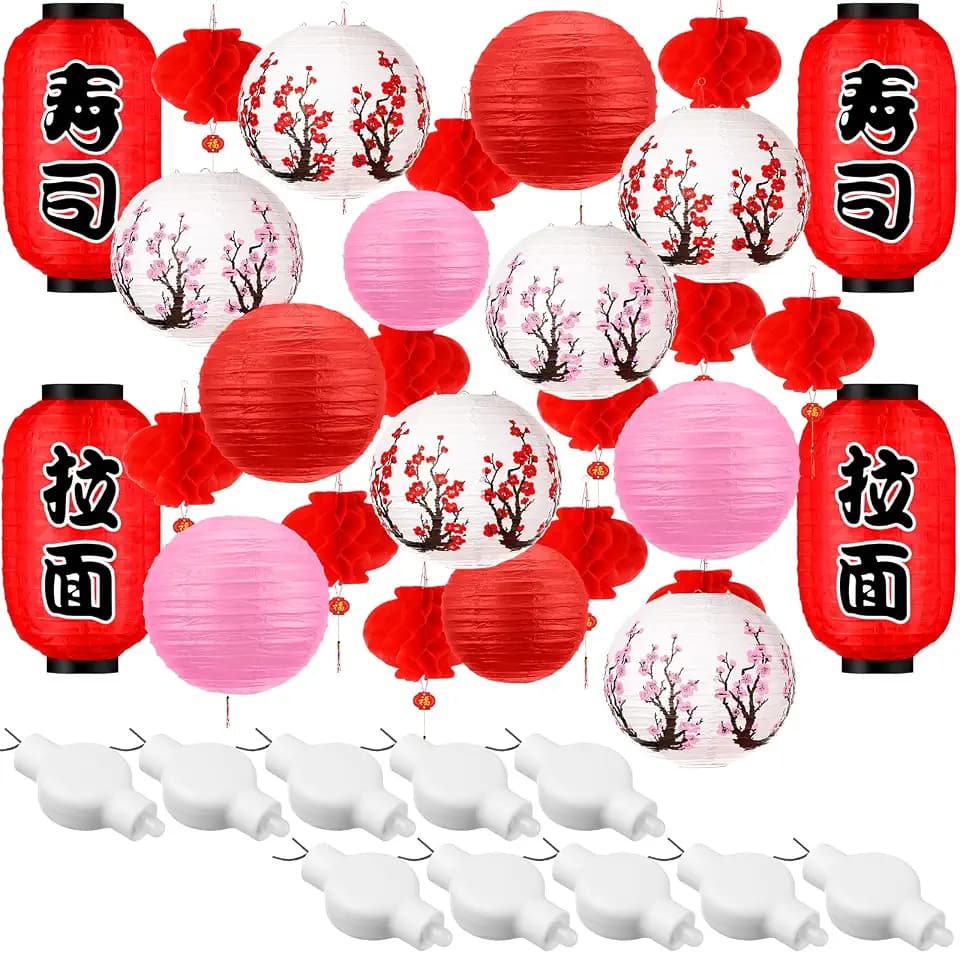 Tuanse 40 Pcs Japanese Chinese Paper Lanterns Decorations LED Cherry Blossom Chinese Red Paper Lantern Lights for Indoor Outdoor(Red, Pink)