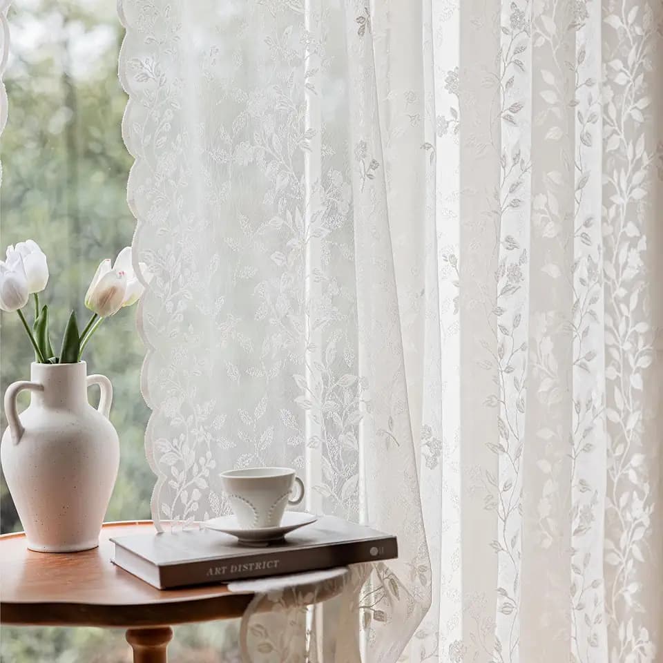 Ivory Lace Sheer Curtains 96 Inch Long 2 Panels with Floral Design
