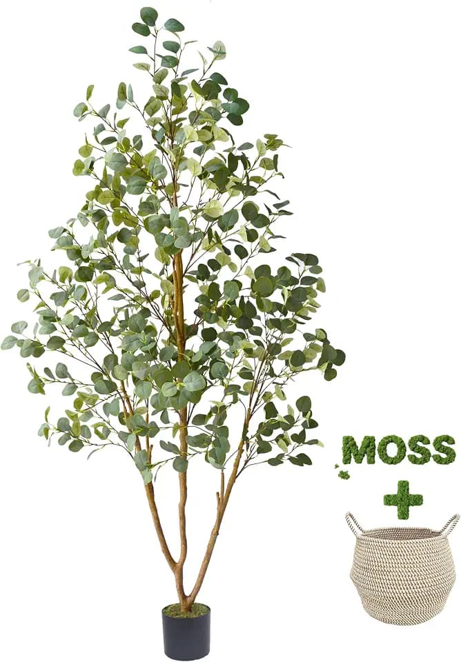 Warmplants Artificial Eucalyptus Tree 7ft Faux Plant with Woven Basket