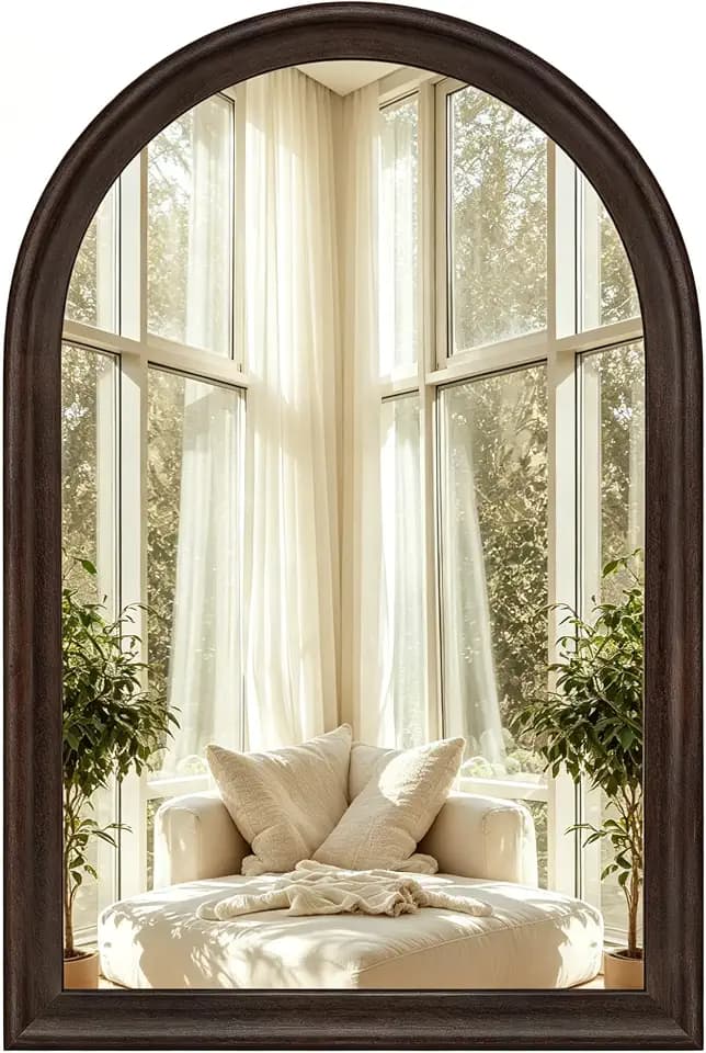 Arched Bathroom Mirror 24x36 Inch, Dark Wood Grain Finish Mirrors for Wall