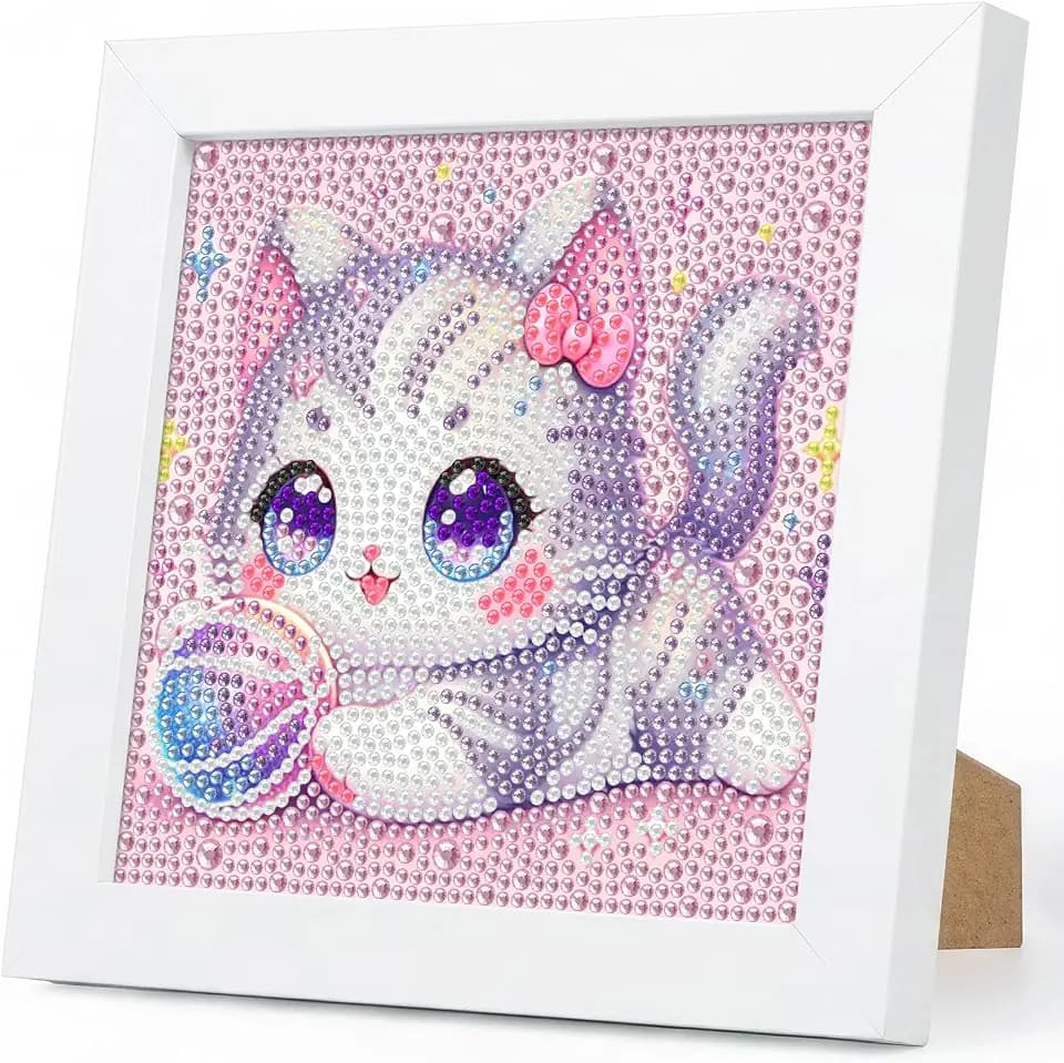 Cat Diamond Art Kits for Kids Ages 4-8-12 with Wooden Frame 7x7 Inch