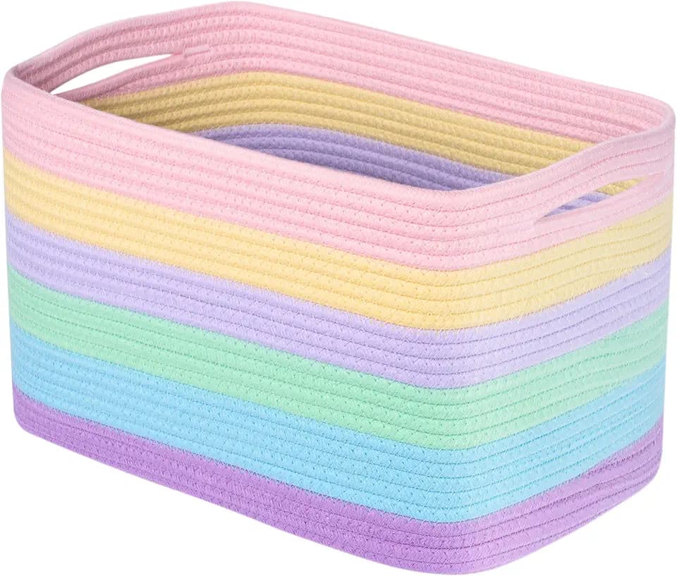 MINTWOOD Design Storage Basket for Shelves, Decorative Baskets for Organizing, Book Basket, Storage Cube Bin Box, Woven Closet Organizer, Pantry Closet and Shoe Basket, Pastel Rainbow