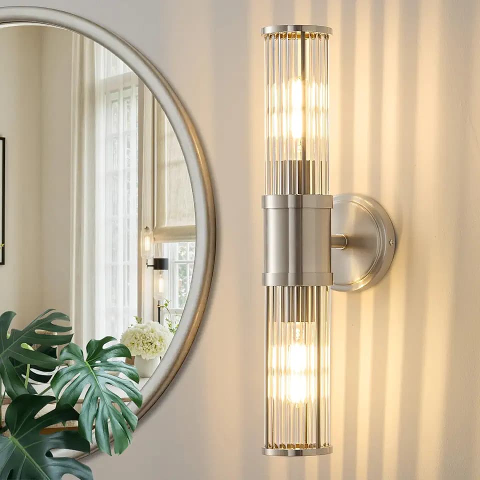 Hardwired Nickel Bathroom Vanity Light Glass Rod Wall Sconce