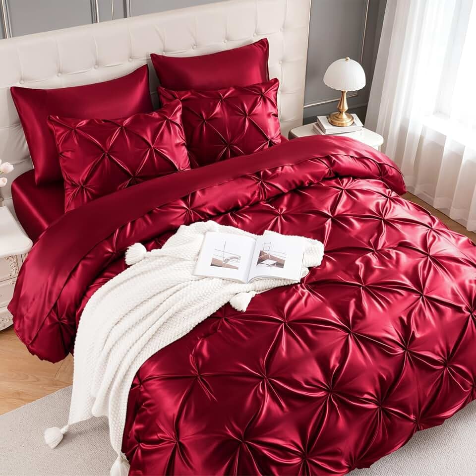 MR&HM Satin Queen Comforter Set Burgundy, 7-Piece Pintuck Bed in A Bag