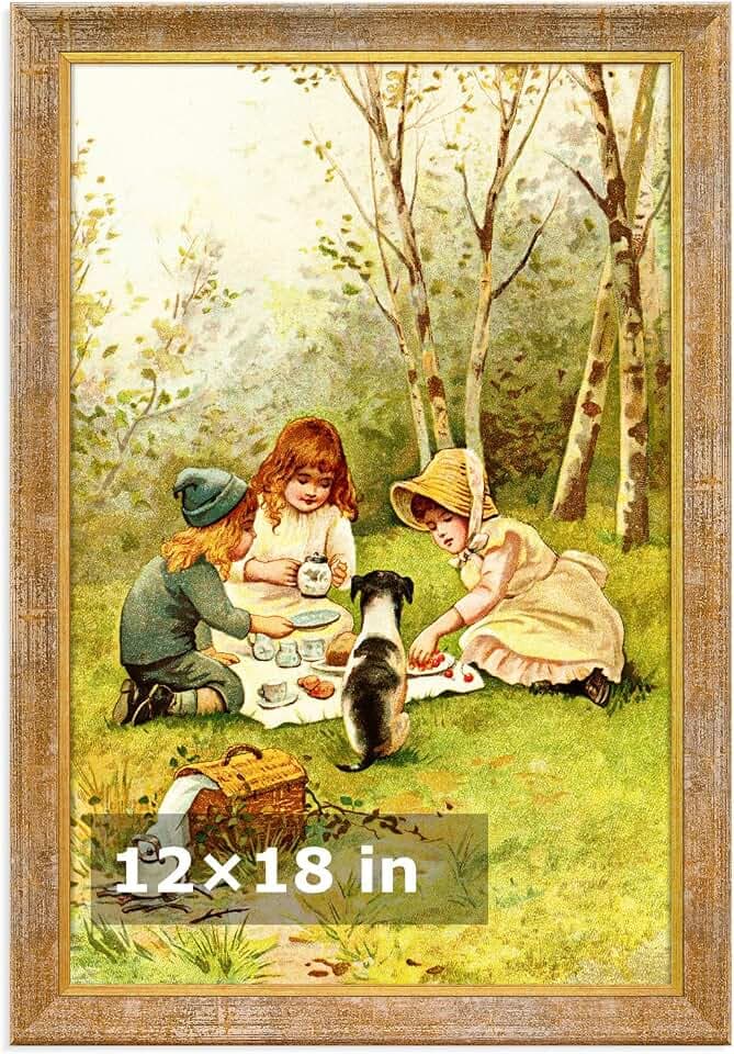 HLiWEGNS Vintage Gold 12x18 Frame, Rustic Wood Poster Frame with Gold Lined Edge Finish, Picture Frame 12 x 18 for Photo, Artwork and Home Decor