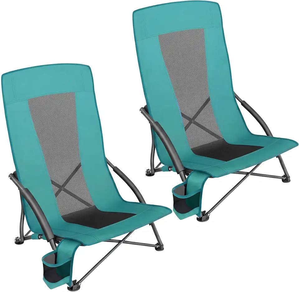 SONGMICS Set of 2 Portable Beach Chairs, High Backrest, Cup Holder