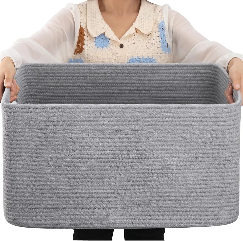 OIAHOMY 75L Large Blanket Basket Woven Storage Basket with Handle Grey