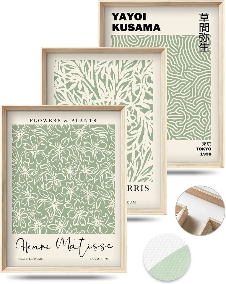 HesenDot Framed Wall Art Set of 3, Sage Green Botanical Wall Decor