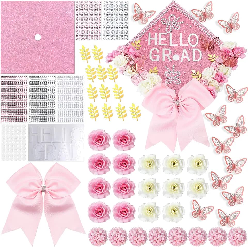 Dunzoom 57 Pcs Hello Grad DIY Graduation Cap Decorations Set Faux Flower Heads Pink Bows 3D Butterflies Rhinestones Letter Stickers Pearl Sticker Golden Leaf Glitter Paper for Graduation Hat Topper