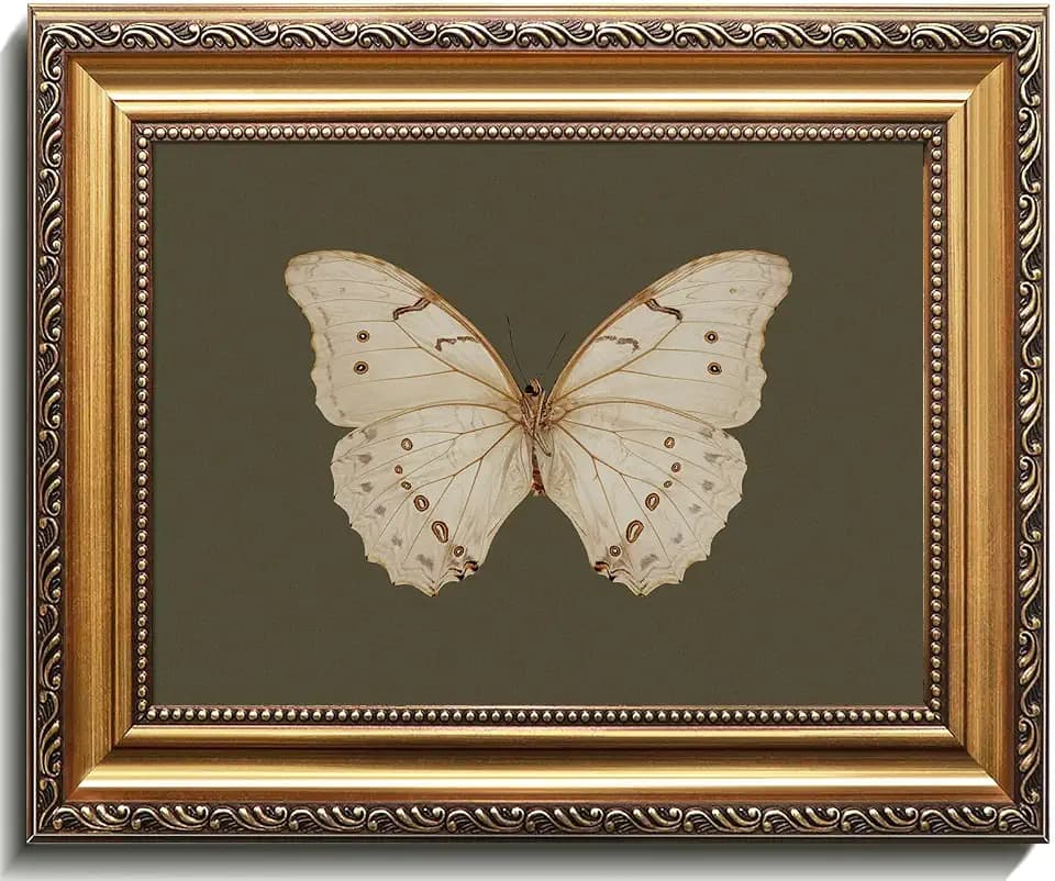 Uniro Vintage Gold Framed Wall Art, Classical Butterfly Oil Paintings, Dark Moody Insect Canvas Prints Artwork with Antique Frame, Sage Green Wall Decor Pictures for Bedroom, Kitchen, Shelf, Bathroom Wall Decor, Cottagecore Room Decor - 9x12Inch