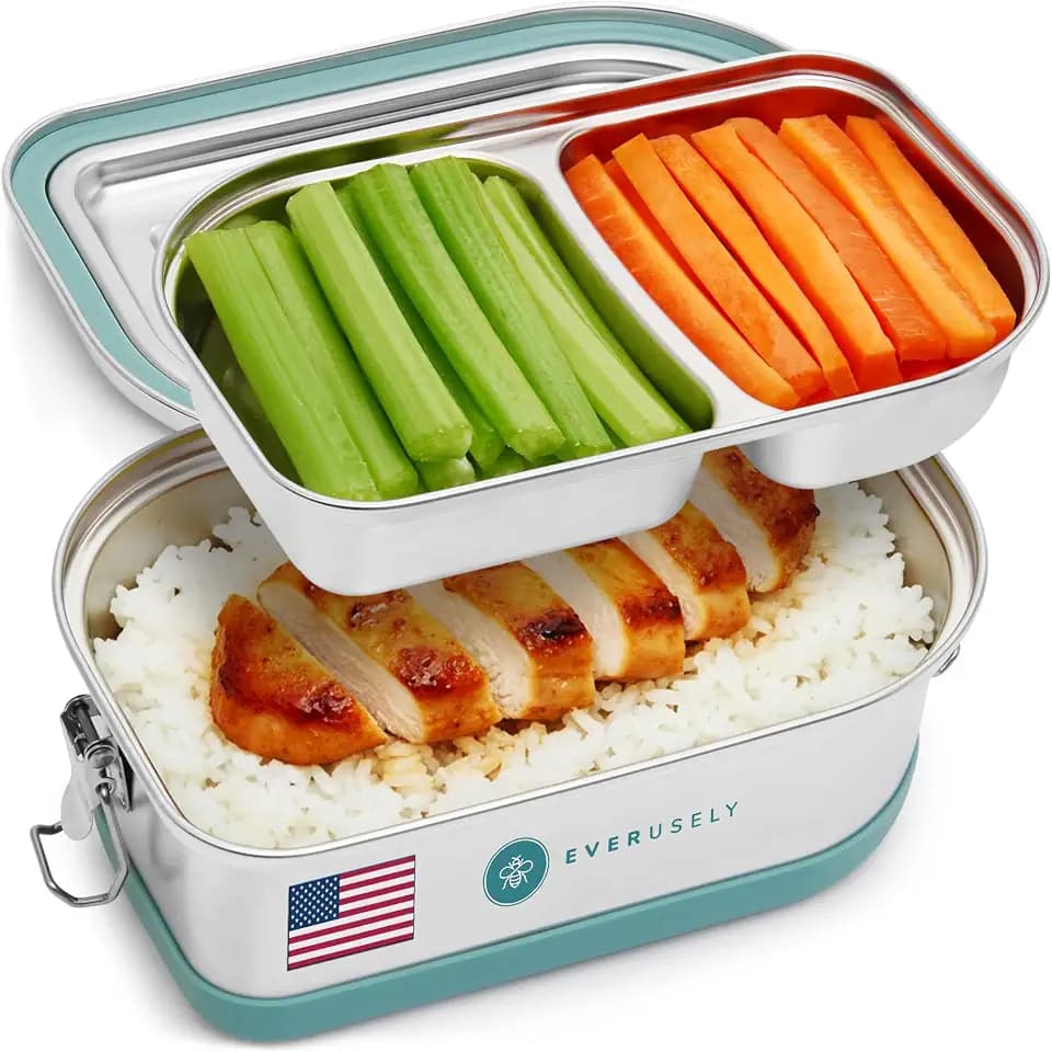 Stainless Steel Bento Box - 2 Tiered Compartments, Leakproof Lockable Lid