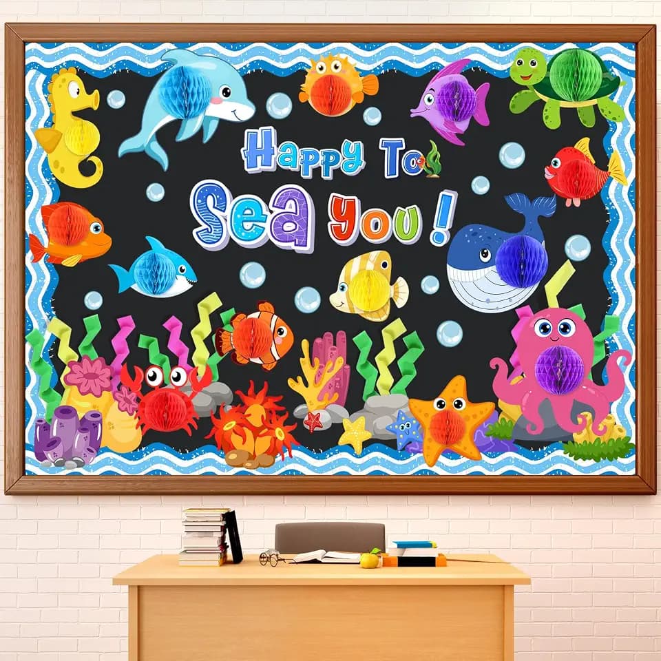 Fuutreo 75 Pcs Sea Animal Bulletin Board with 3D Honeycomb Balls