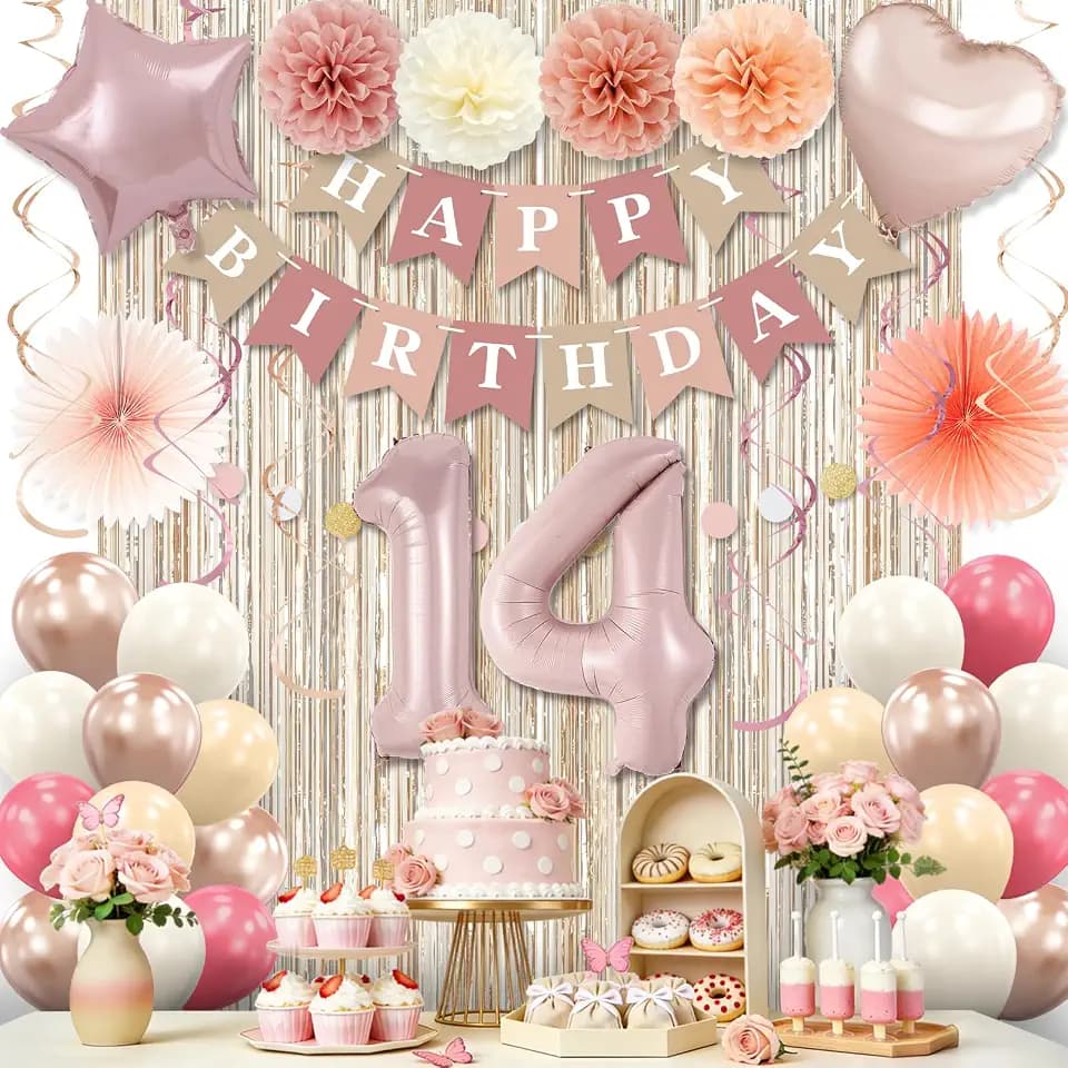 14th Birthday Decorations for Girls Beige, Boho Pink Happy 14th Birthday Banner with Fringe Curtain,Paper Pom Poms,Number 14 Balloons, Circle Dots Garland,Neutral Party Decor 14 Year Old