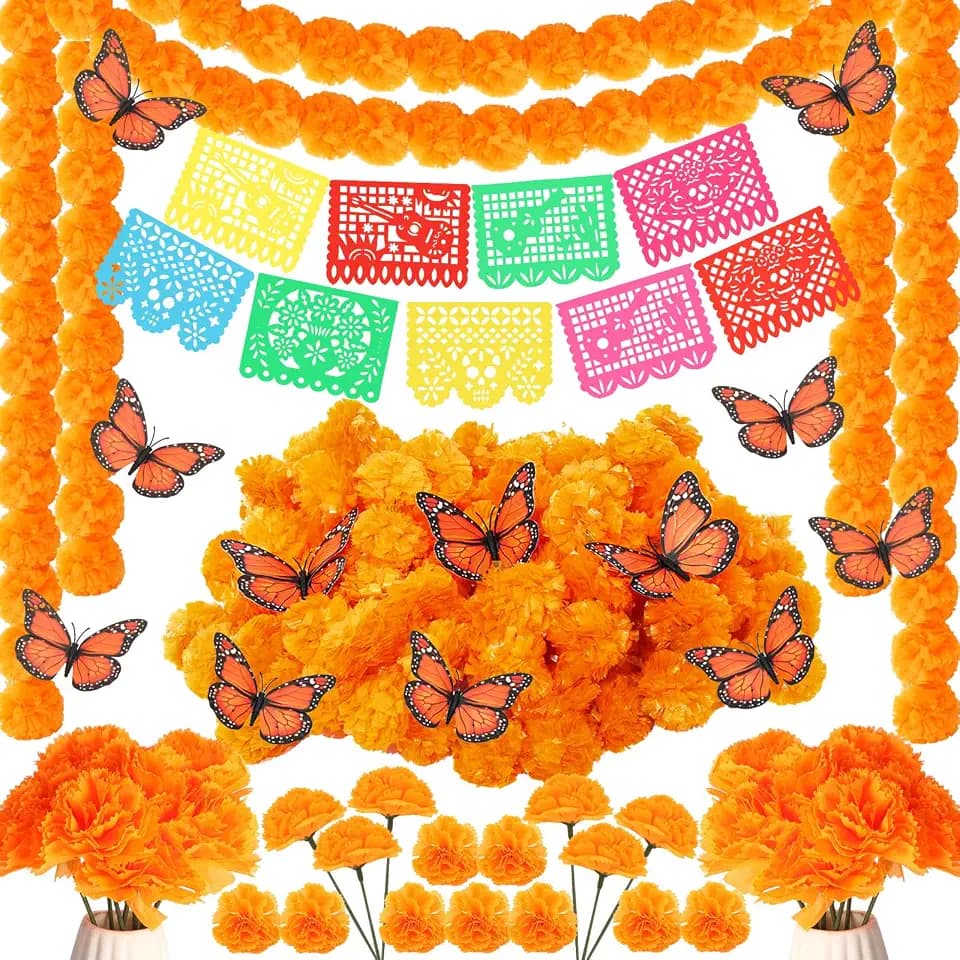 68 Pcs Day of The Dead Decorations Set Mexican Party Banner 5 Pcs Marigold Garlands 50 Pcs Fake Marigold Flowers with Stems 12 Pcs Plastic Artificial Butterfly for Dia De Los Muertos Diwali Decor