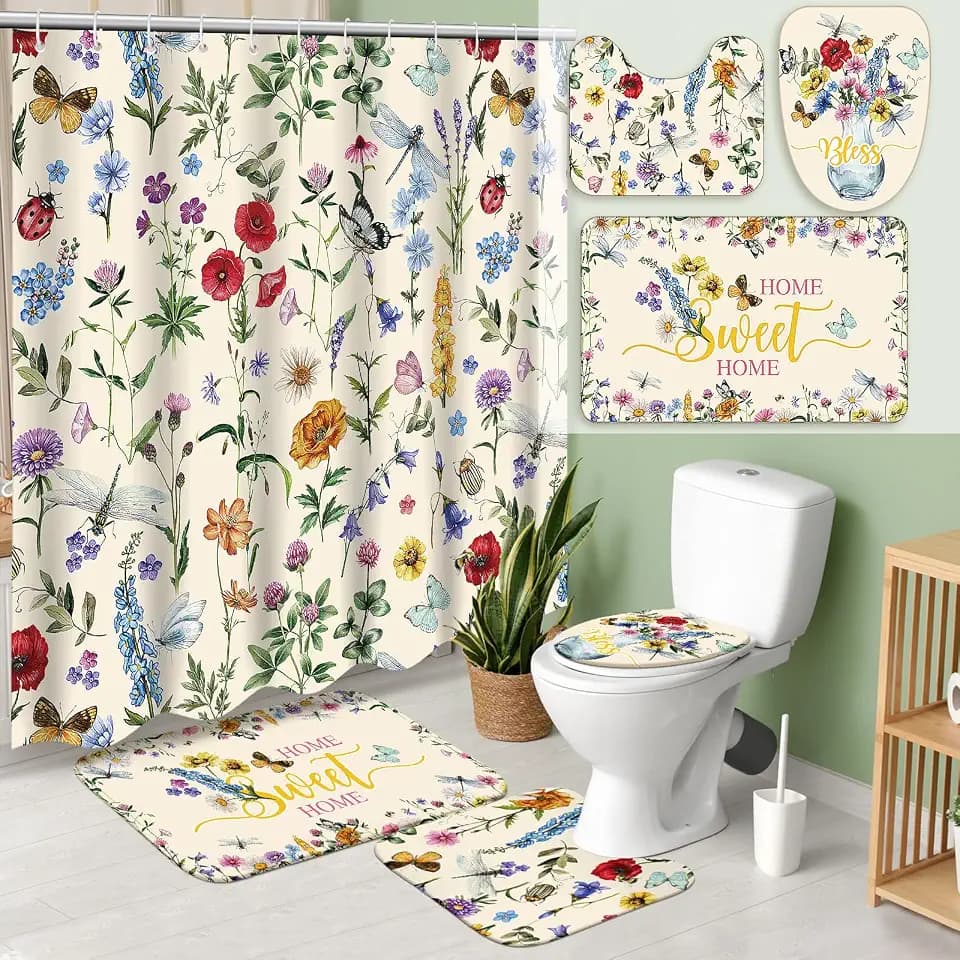 Teenyyou 4 Pcs Wildflower Shower Curtains Set Cottagecore Home Bathroom Set