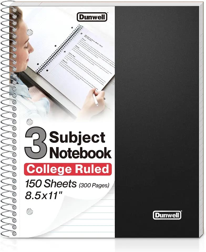 Dunwell 3-Subject Spiral Notebook, College Ruled, 150 Sheets, Black
