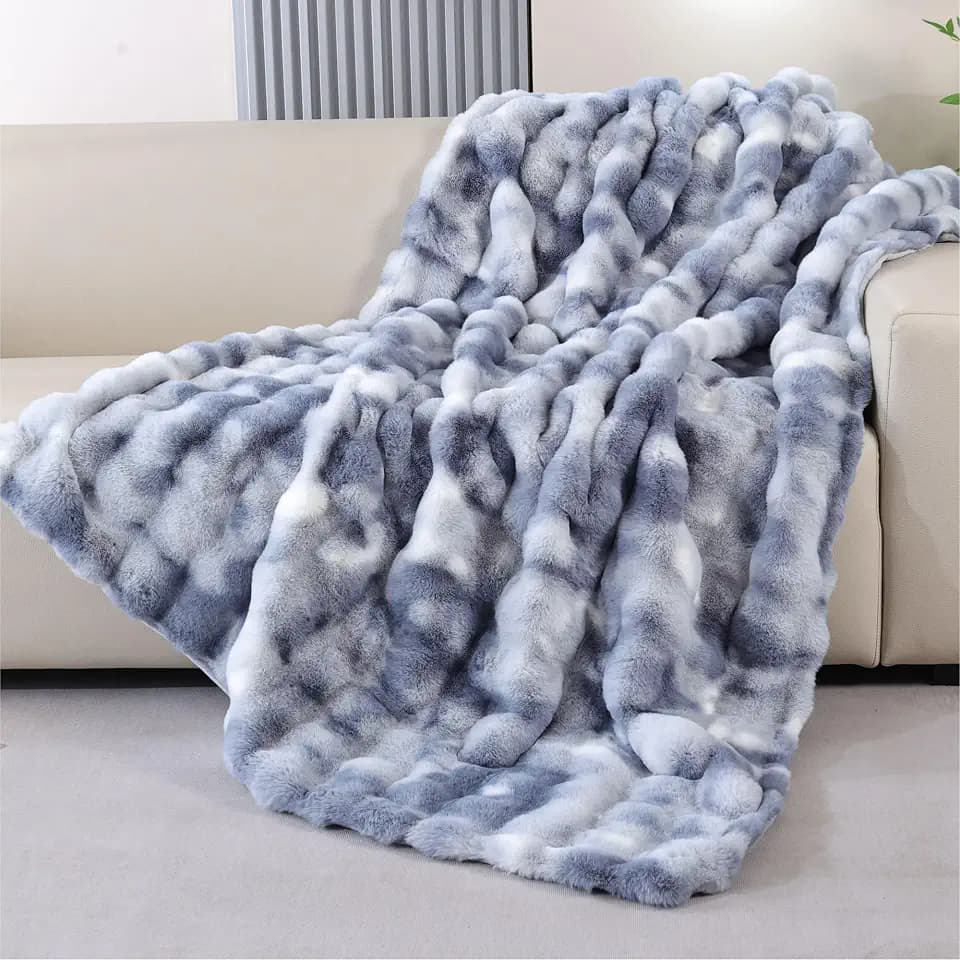 Tie-Dye Blue Faux Fur Throw Blanket for Couch, Snuggly Double-Sided Bubble Plush Blanket with Soft Flannel Back, Decorative Throw for Sofa or Bed, Machine Washable, 50 x 60, 860 GSM