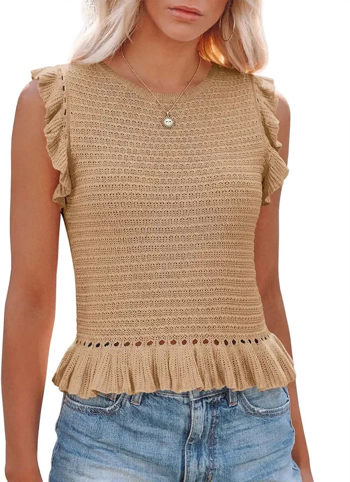 PiePieBuy Women's Summer Knit Tank Tops Crew Neck Sleeveless Cami Shirts Tees Ruffle Sweater Vest