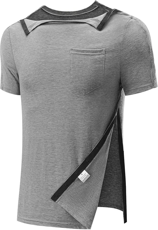 Poriff Men's Post Shoulder Surgery Recovery Shirts Full Tear Away Short Sleeve Snap Chemo Port Access Shirt