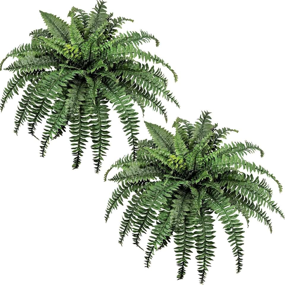 Large Artificial Ferns for Outdoors 49" Fake Boston Fern 49 Fronds Faux Ferns Plant Silk Greenery for Indoors Home Garden Porch Windowsill Decor (2 Stem)