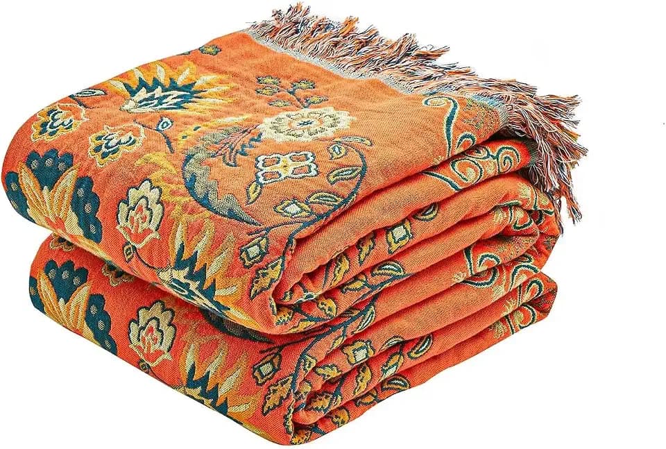 XIBLC Boho Throw Blanket 100% Cotton Ultra Soft Luxury Throw Rustic Quilt 50"x60" Floral Printed Farmhouse Decor Bed Summer Blankets All Season Rustic Reversible Bohemian Throw for Bed Orange