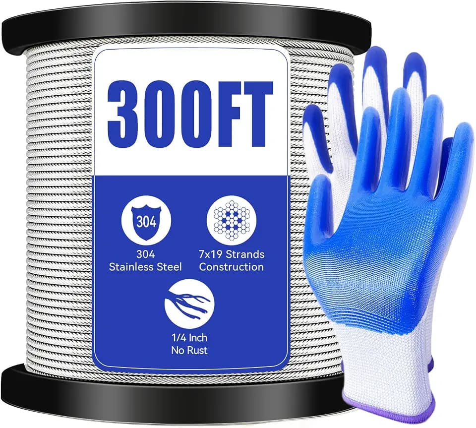 1/4" Stainless Steel Cable,7x19 Strand Aircraft Wire Rope,Cable for Heavy Duty Applications,Outdoor Pulley Cables,Deck Railing, with Gloves,Breaking Strength 6400 Ibs,300FT