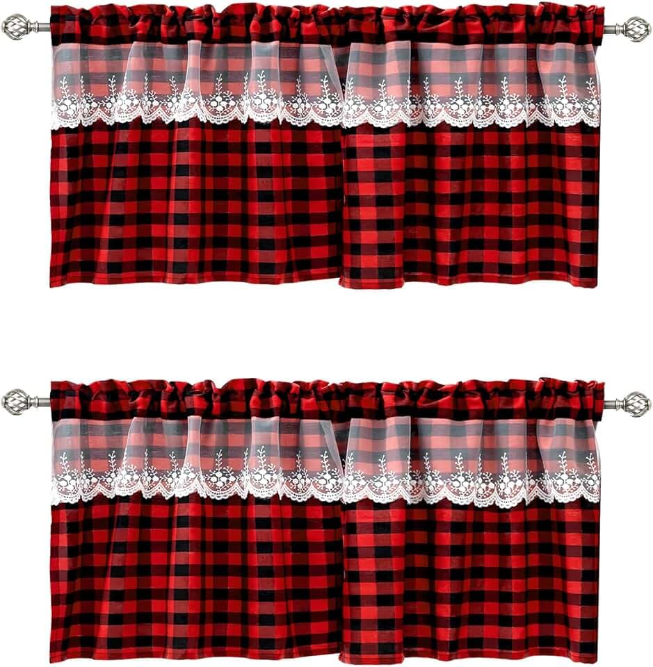 WUBODTI Christmas Red Buffalo Plaid Curtain Valances Kitchen 52" W x 16" L
