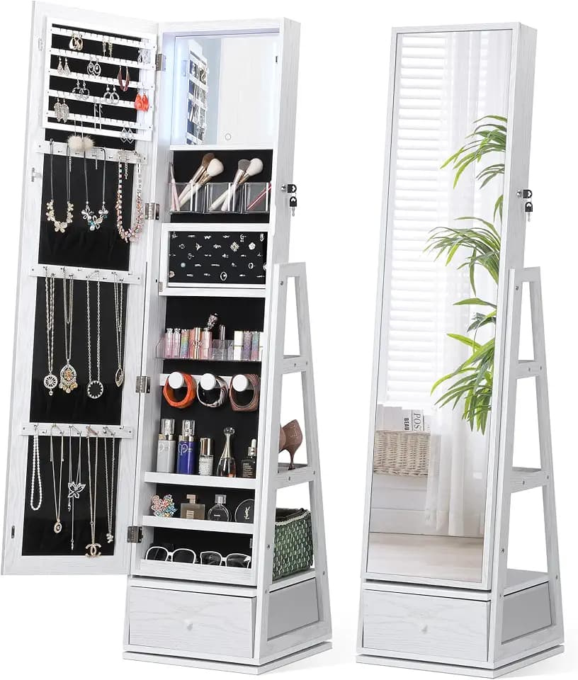 Nicetree 360° Swivel Jewelry Cabinet with Lights, Full Length Mirror, Lock
