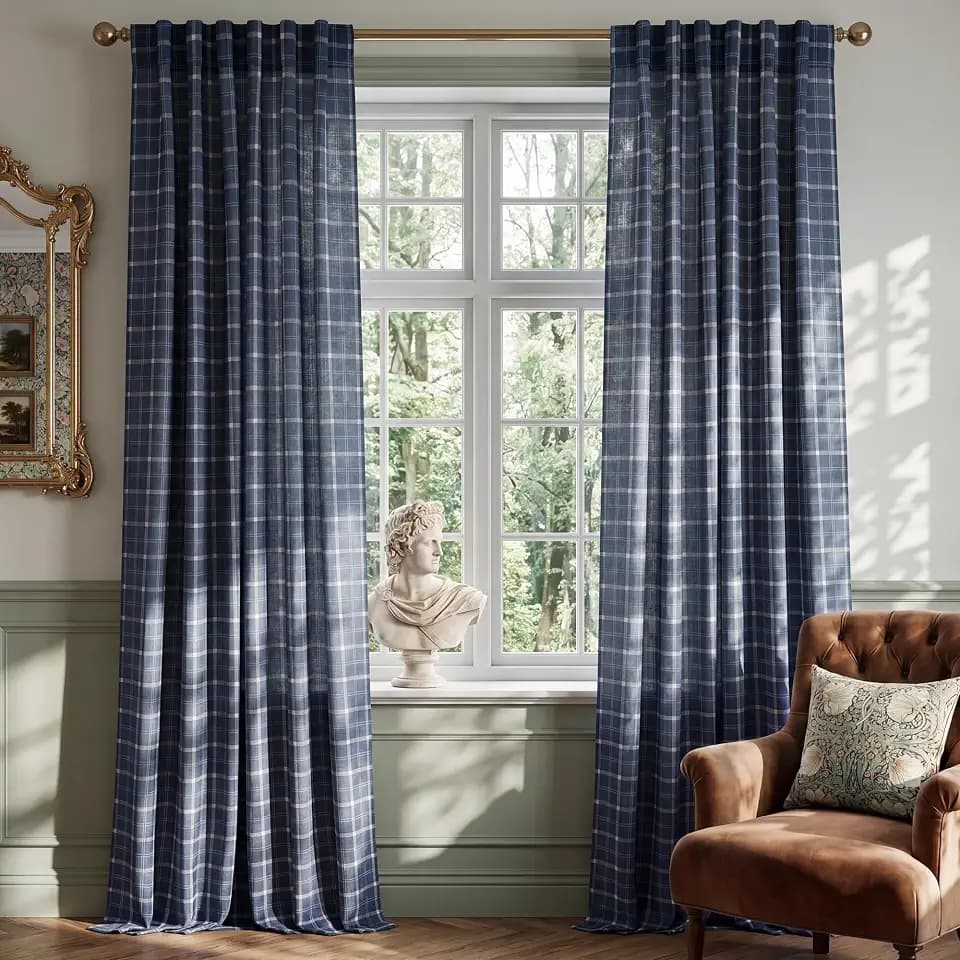 NICETOWN Navy Blue Plaid Curtains 84 inches Long 2 Panels for Bedroom