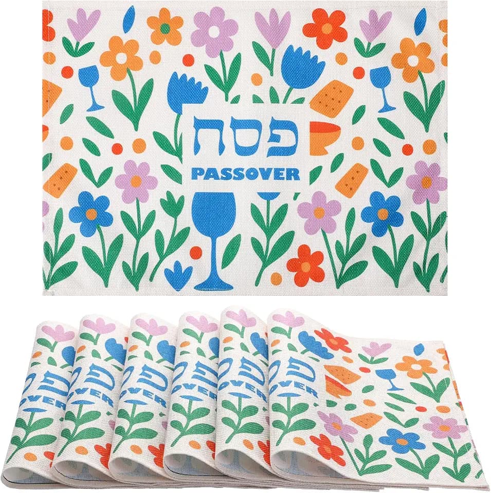 Blushtier 6 Pcs Happy Passover Placemats Washable Seder Matzo Table Mats Pesach Decorations Durable Non Slip Heat Resistant Table Mats for Kitchen Dining Room Home, 12 x 18 Inch(Spring Flower)