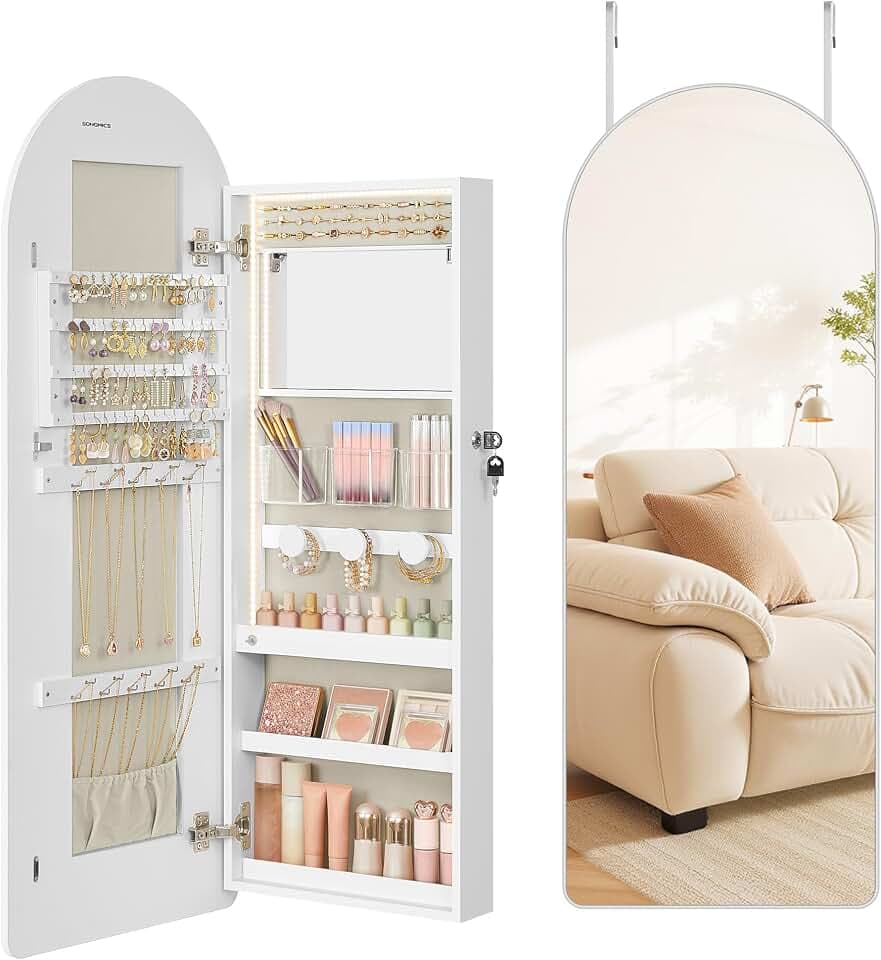 SONGMICS Wide Jewelry Organizer, Wall/Door Mounted, LED Cabinet, Lockable