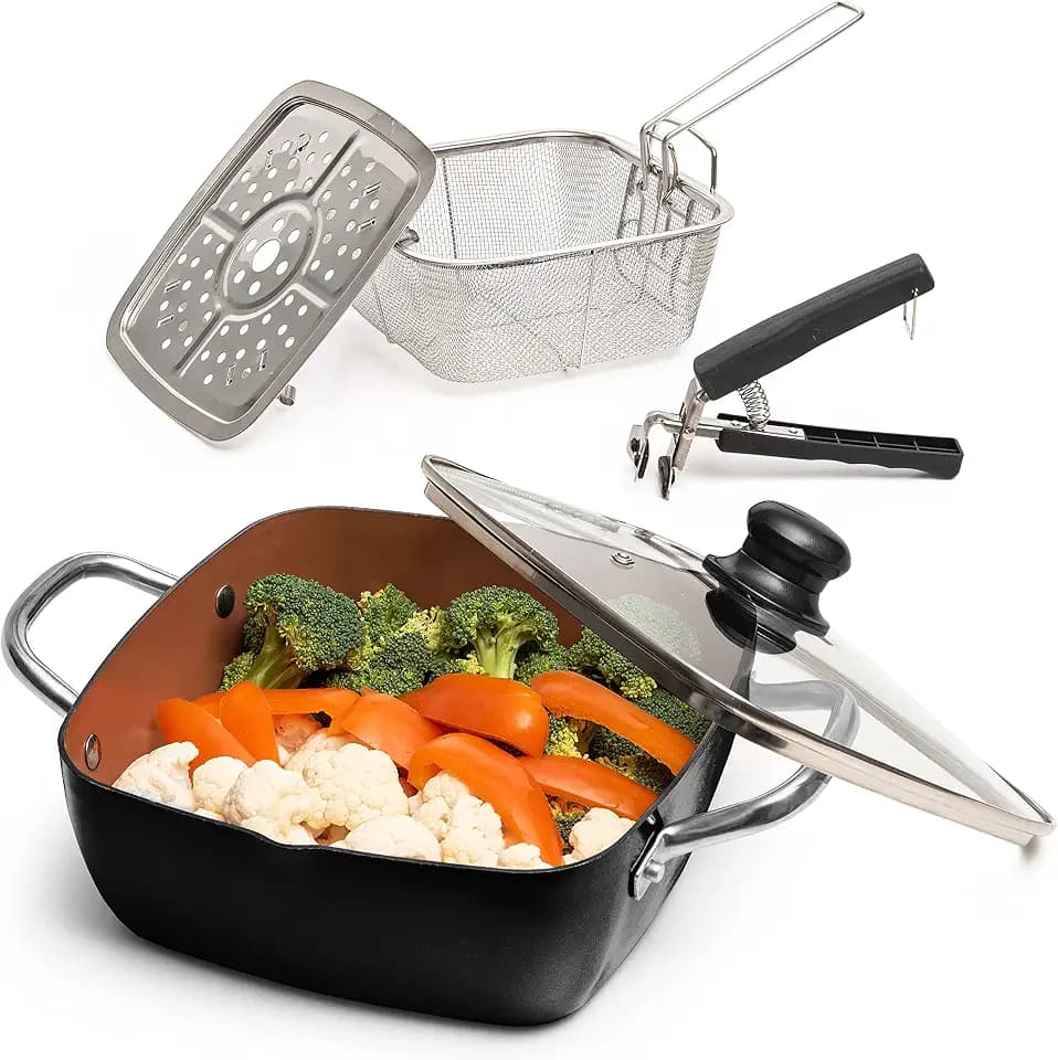 Moss & Stone 5 Pcs Deep Fry Pan Set with Fry Basket 5 Qt Black Copper Pan