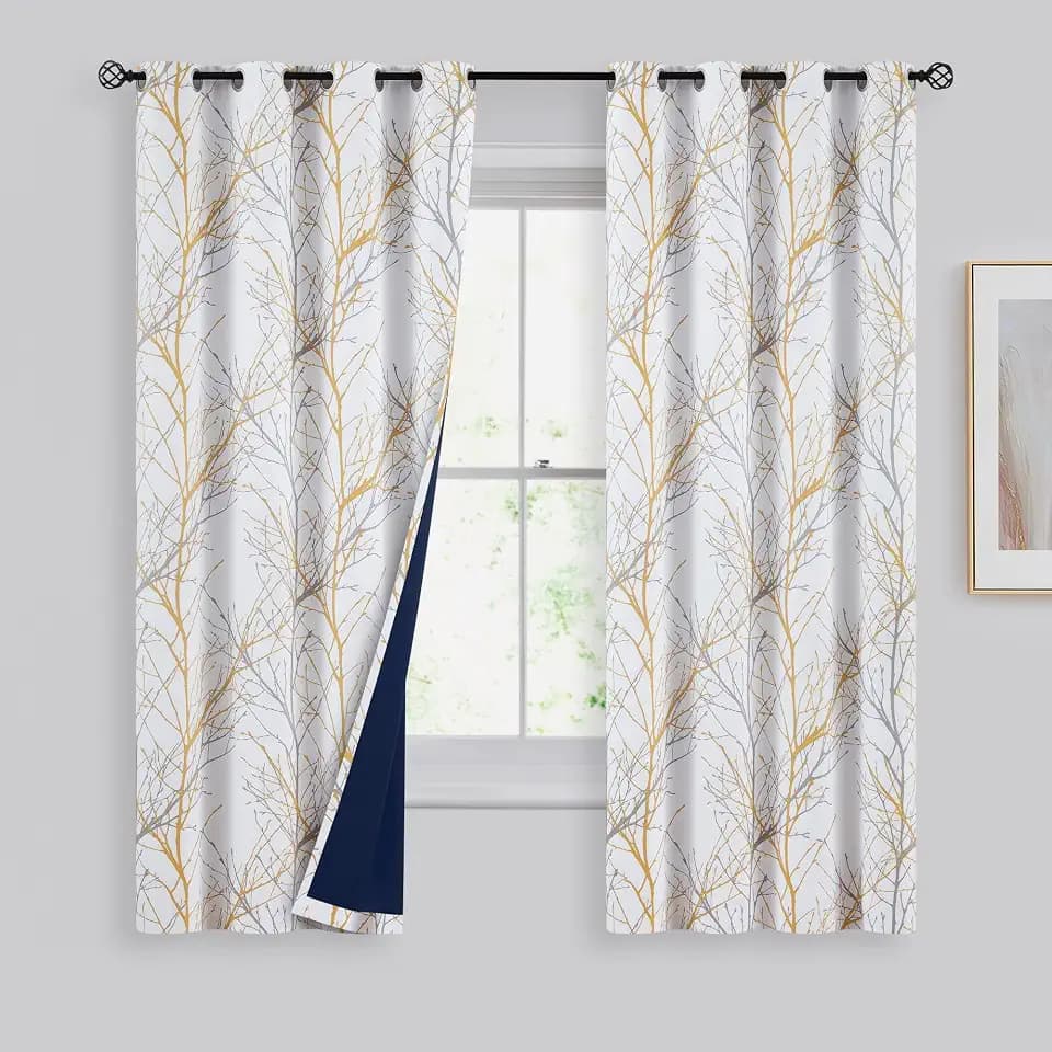 FMFUNCTEX 100% Blackout Mustard Yellow Branch Curtains 63 Inch 2 Panels