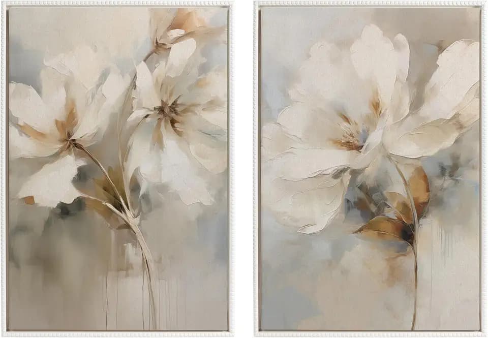 Kate and Laurel Sylvie Beaded Abstract Botanical Floral Linen Painting 1 and 2 Vintage Framed Canvas Wall Art Set by The Creative Bunch Studio, 2 Piece Set 23x33 White, Simple Floral Art for Wall